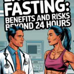 Cartoon of a doctor in a white coat and a muscular woman in workout gear discussing extended fasting benefits and risks in a clinical setting.