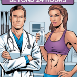 Comic-style image showing a confident doctor with arms crossed and an athletic woman holding a water bottle. Text: “Extended Fasting: Benefits and Risks Beyond 24 Hours.”