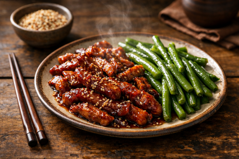 keto sesame pork with green beans