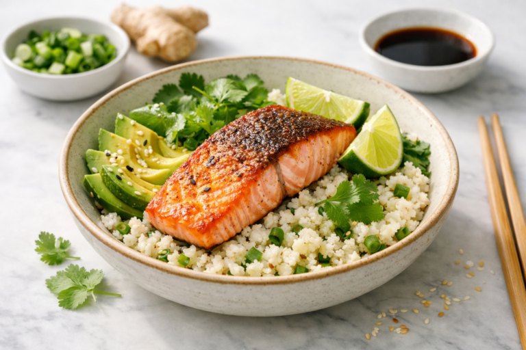 low carb salmon cauliflower rice bowls keto